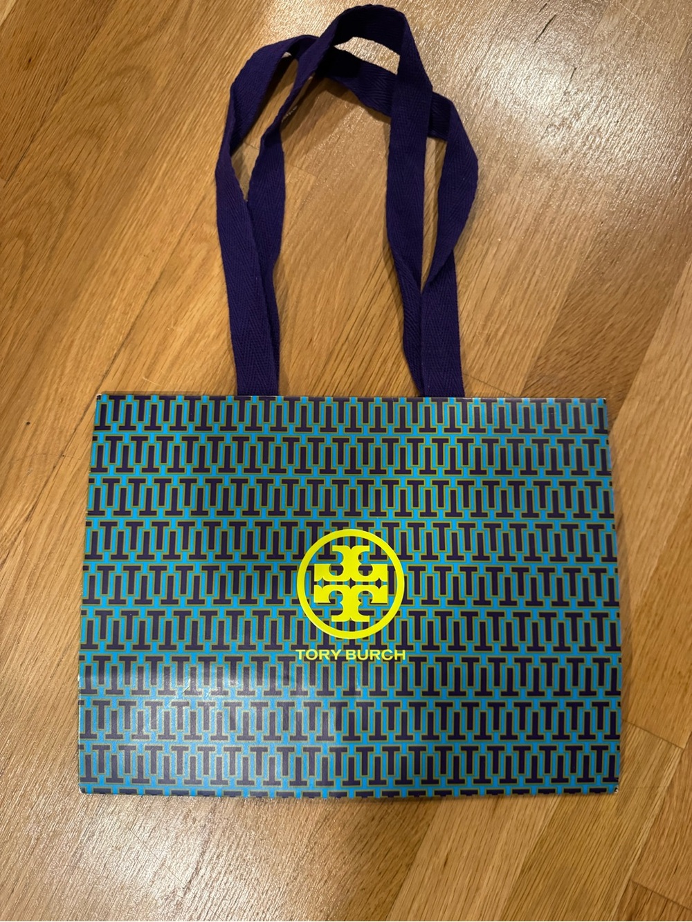 Tory Burch Blue and Yellow Patterned Tote with Purple Handles